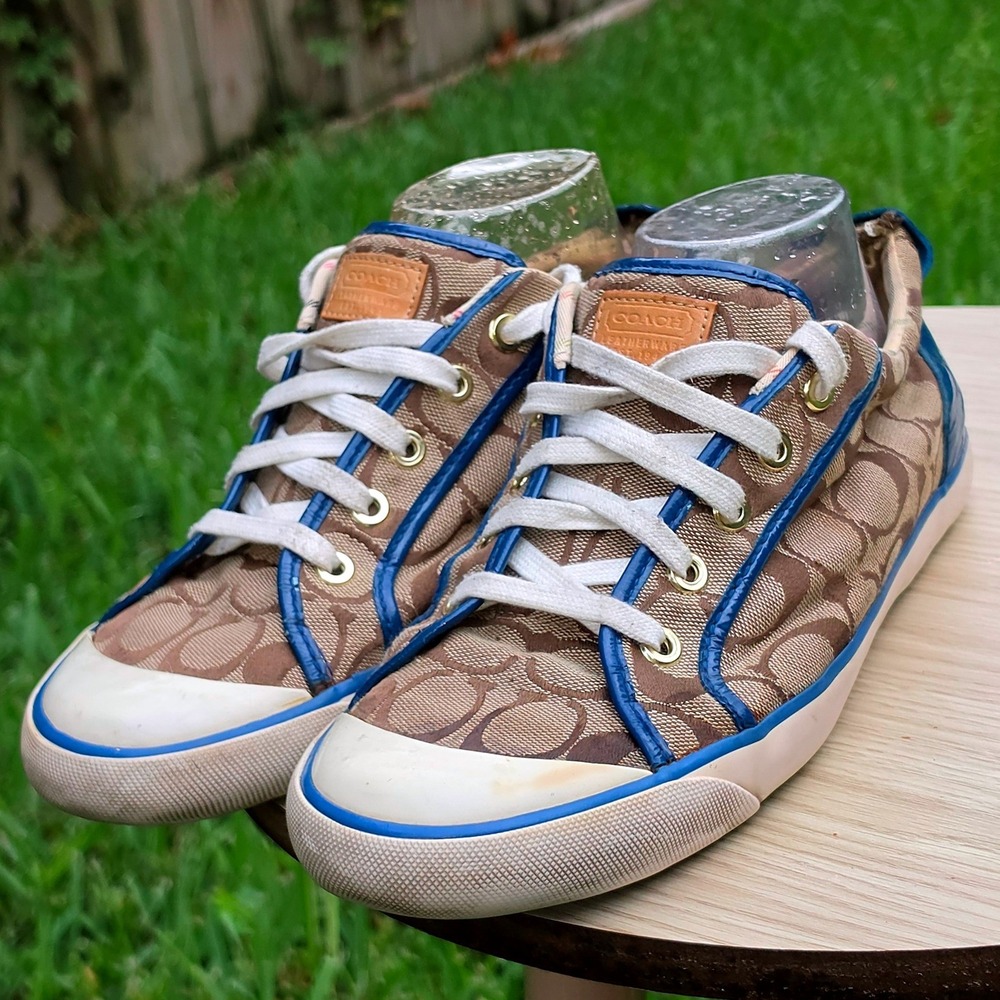 Coach Signature Monogram Canvas Sneakers Brown Blue Patent Leather Trim Low Top